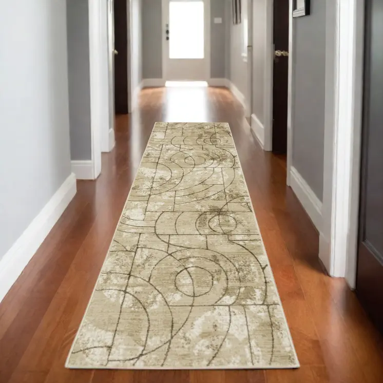 8' Beige And Brown Geometric Runner Rug