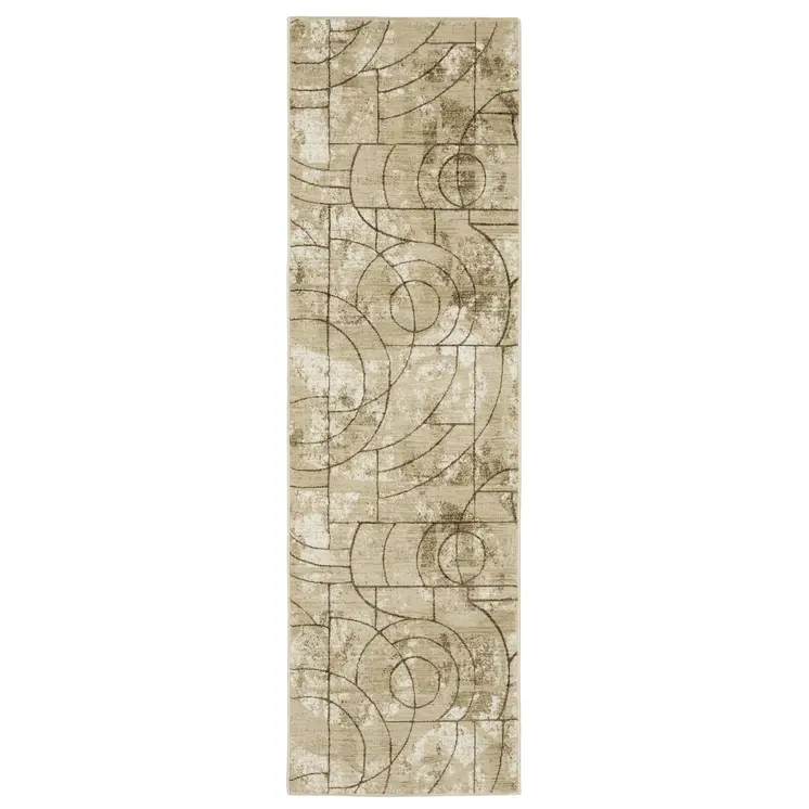 8' Beige And Brown Geometric Runner Rug