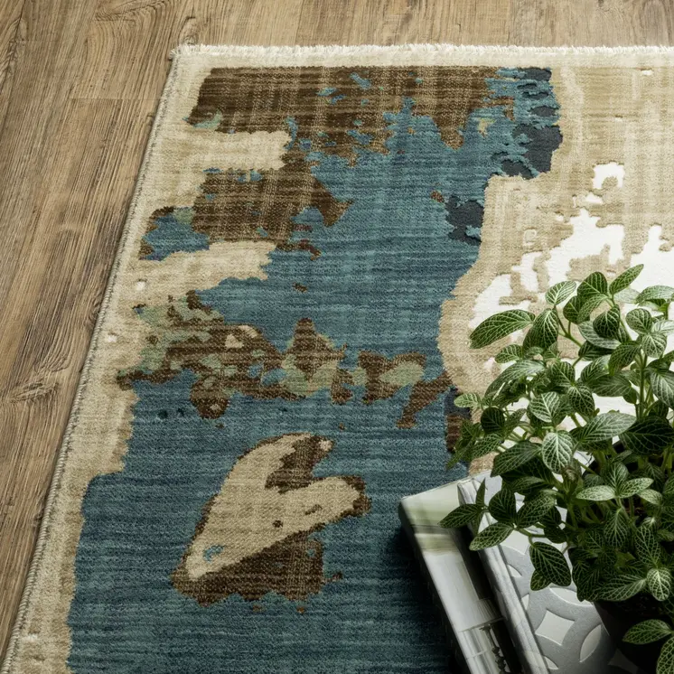 3' X 5' Beige Blue And Brown Abstract Area Rug