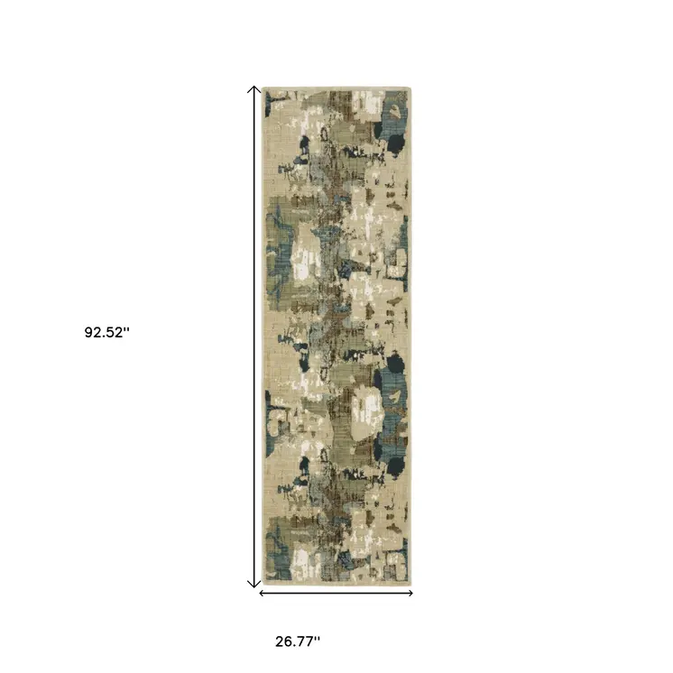 8' Beige Blue And Brown Abstract Runner Rug