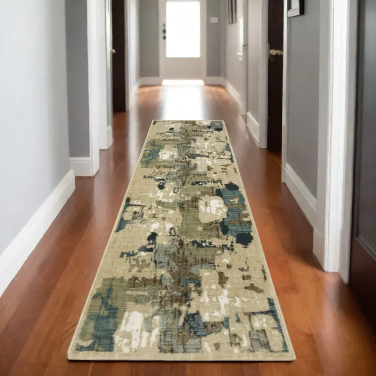 8' Beige Blue And Brown Abstract Runner Rug