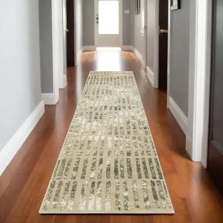 8' Beige And Blue Geometric Runner Rug