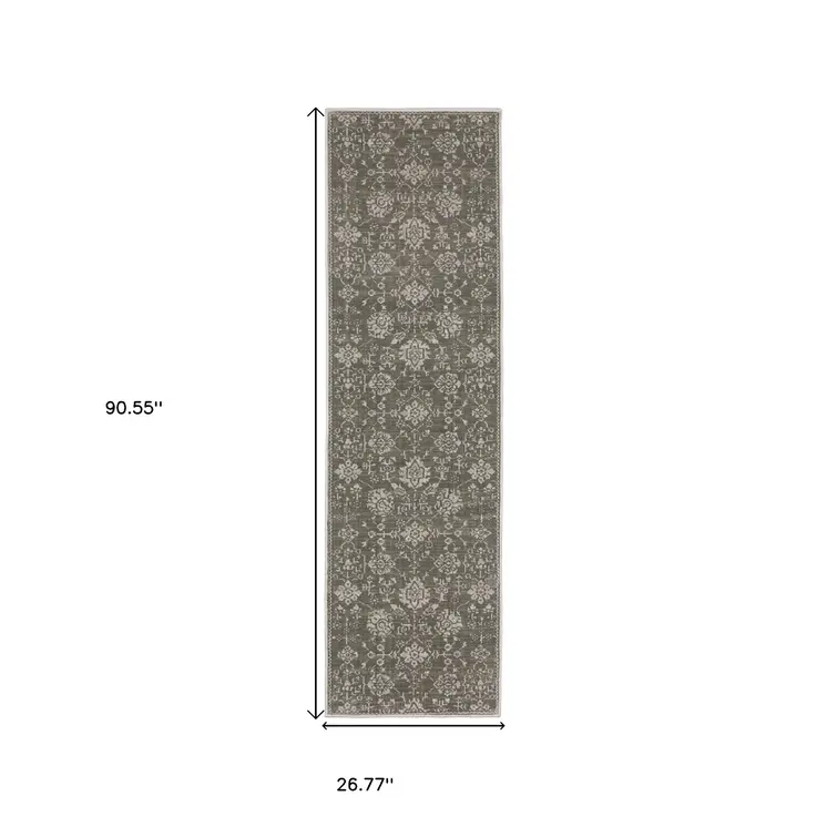 8' Gray And Light Gray Oriental Runner Rug