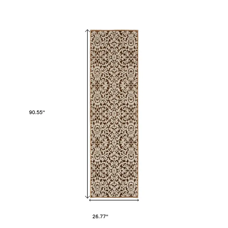 8' Rust And Beige Oriental Runner Rug