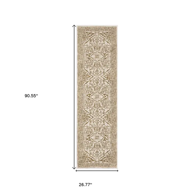 8' Ivory And Gold Oriental Runner Rug