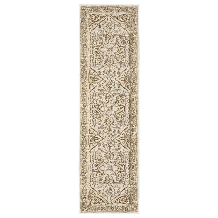 8' Ivory And Gold Oriental Runner Rug