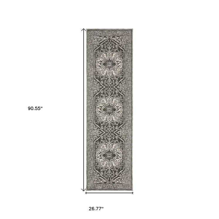 8' Gray And Ivory Oriental Runner Rug