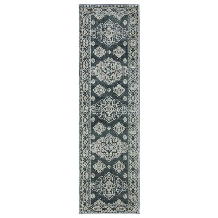8' Blue And Gray Medallion Runner Rug