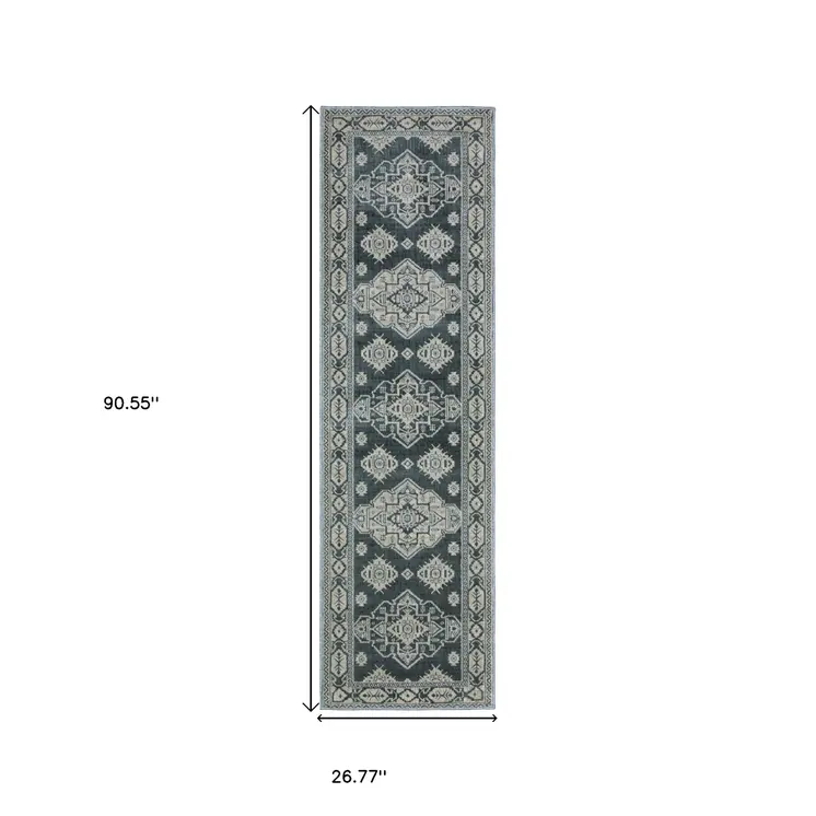8' Blue And Gray Medallion Runner Rug