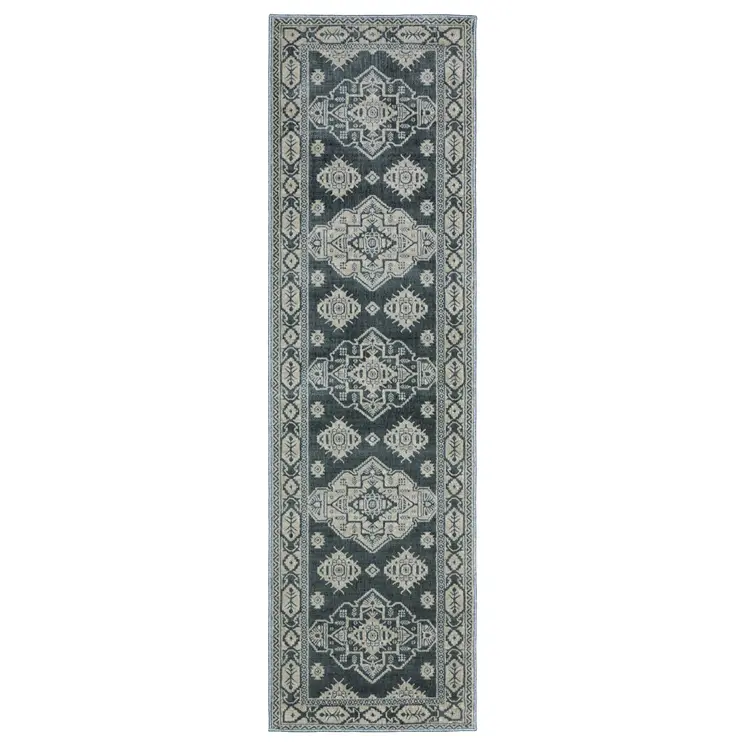8' Blue And Gray Medallion Runner Rug