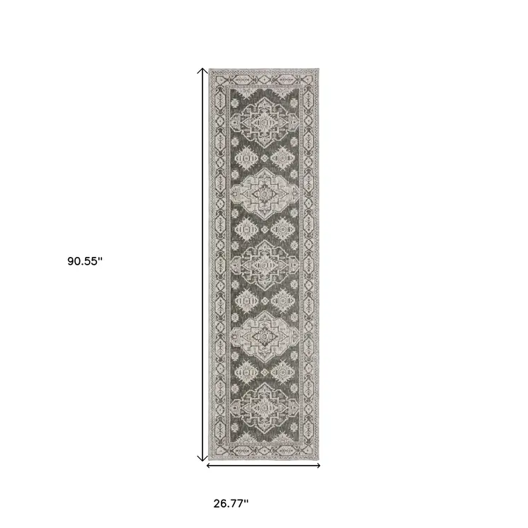 8' Gray And Gray Medallion Runner Rug
