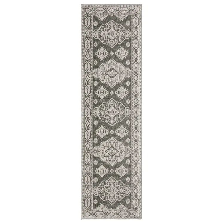 8' Gray And Gray Medallion Runner Rug