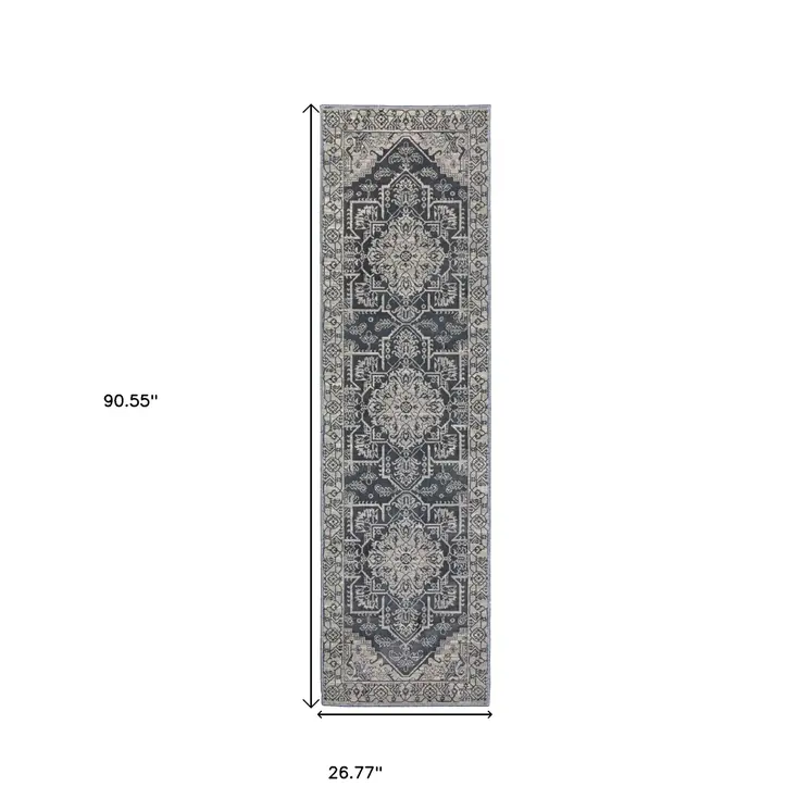 8' Blue And Gray Medallion Runner Rug