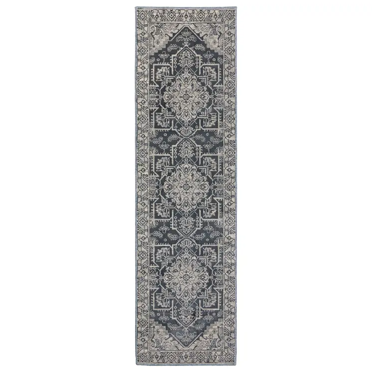 8' Blue And Gray Medallion Runner Rug