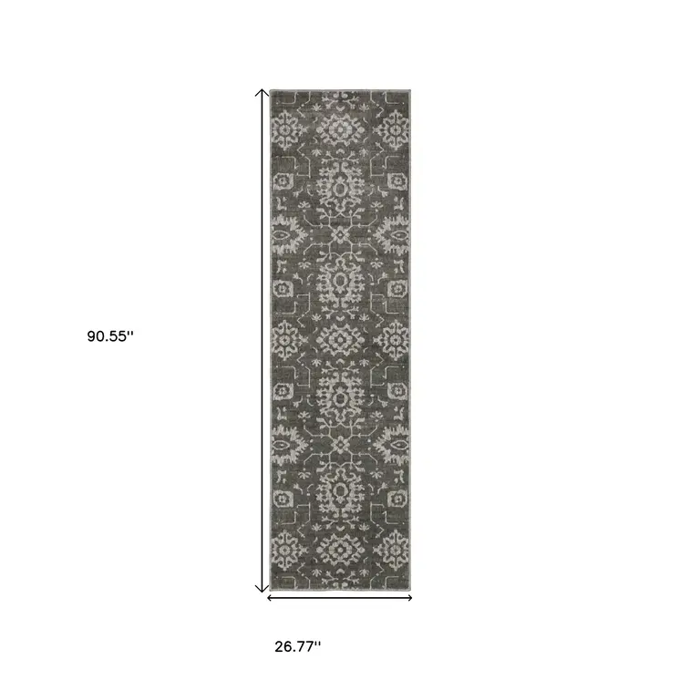 8' Gray And Ivory Oriental Runner Rug