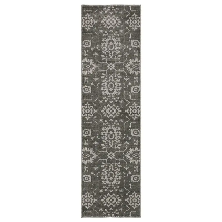 8' Gray And Ivory Oriental Runner Rug