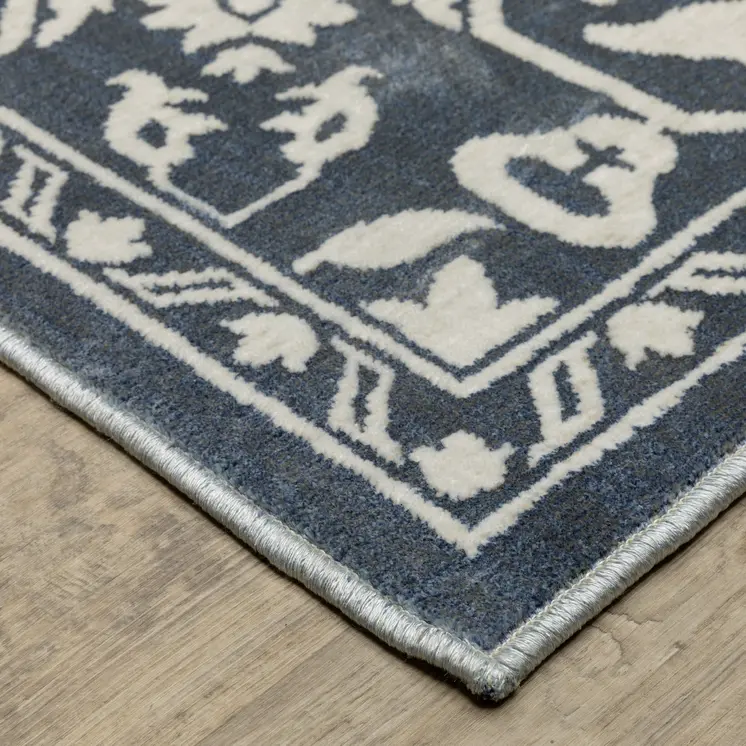 8' Blue And Ivory Oriental Runner Rug