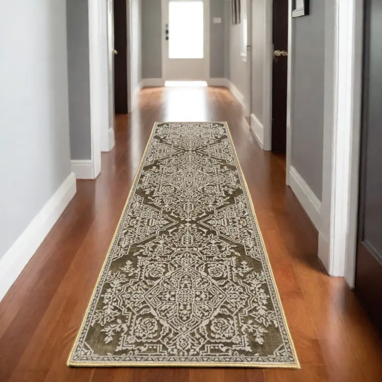 8' Gold And Beige Oriental Runner Rug