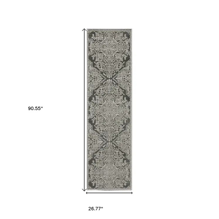 8' Gray And Light Gray Oriental Runner Rug