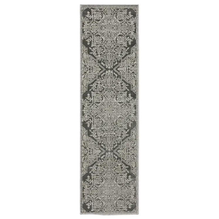 8' Gray And Light Gray Oriental Runner Rug