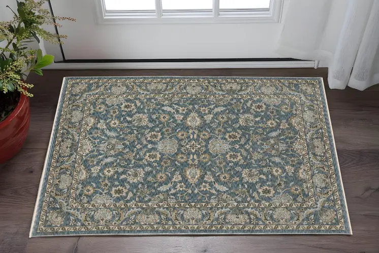 3' X 5' Blue And Beige Oriental Area Rug With Fringe