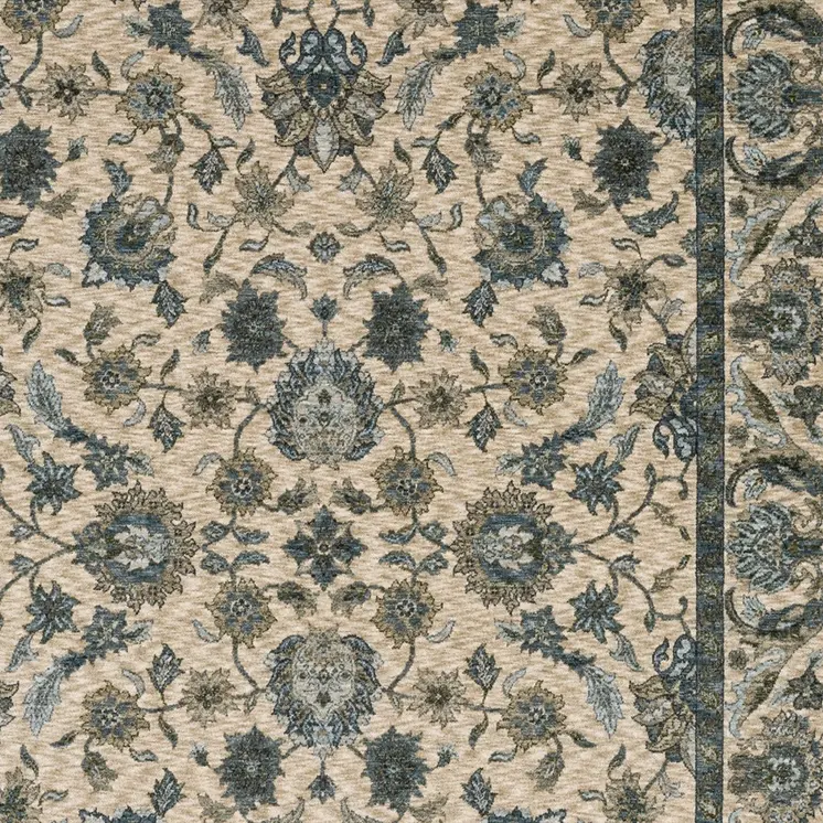 3' X 5' Beige And Blue Oriental Area Rug With Fringe