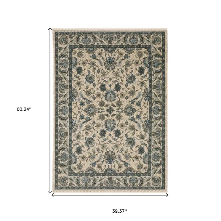 3' X 5' Beige And Blue Oriental Area Rug With Fringe