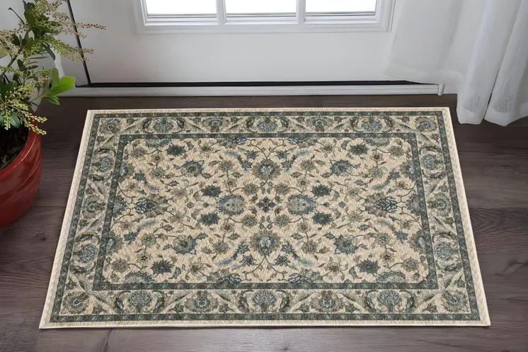 3' X 5' Beige And Blue Oriental Area Rug With Fringe
