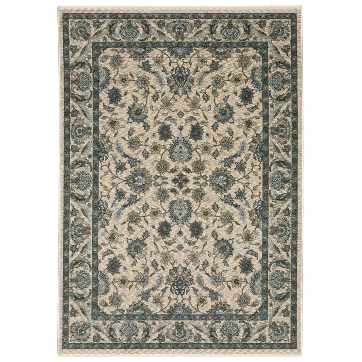 3' X 5' Beige And Blue Oriental Area Rug With Fringe