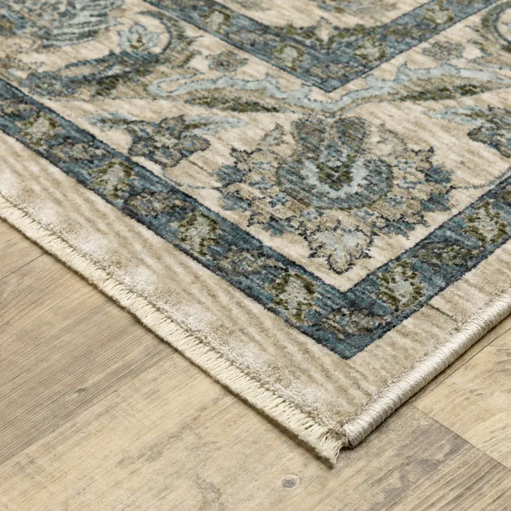 3' X 5' Beige And Blue Oriental Area Rug With Fringe