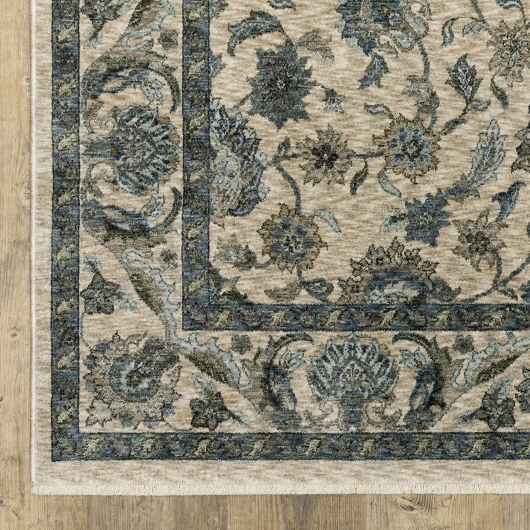 3' X 5' Beige And Blue Oriental Area Rug With Fringe