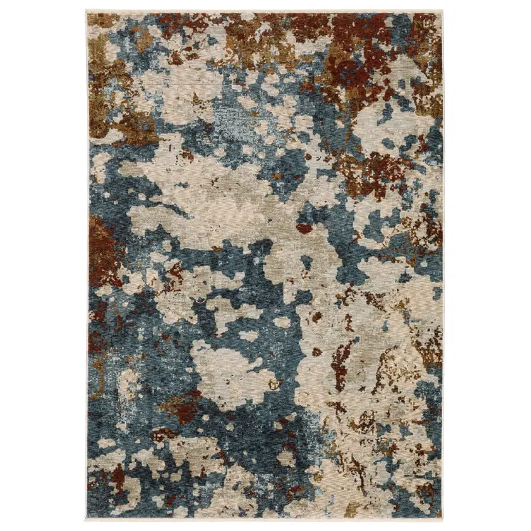 3' X 5' Beige Teal And Rust Abstract Area Rug With Fringe