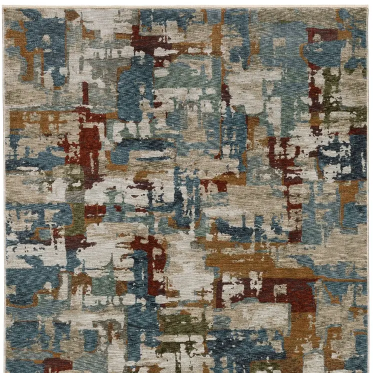 3' X 5' Beige Teal And Brown Abstract Area Rug With Fringe