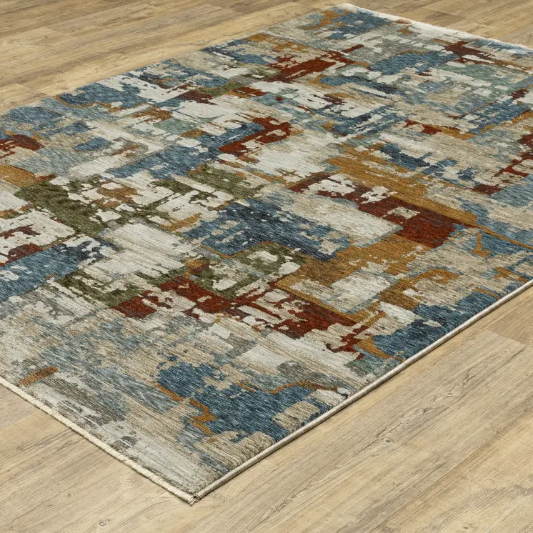 3' X 5' Beige Teal And Brown Abstract Area Rug With Fringe