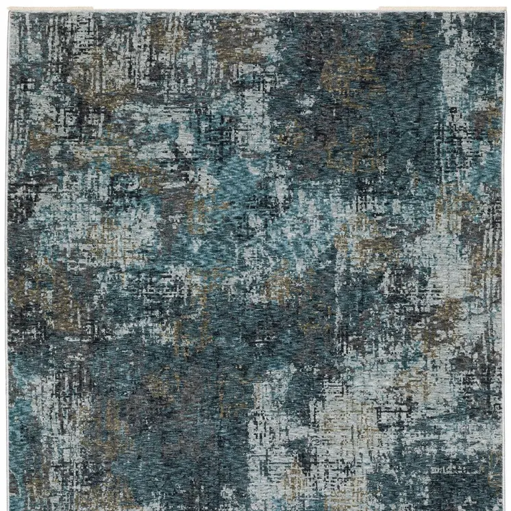 3' X 5' Blue And Gray Abstract Area Rug With Fringe