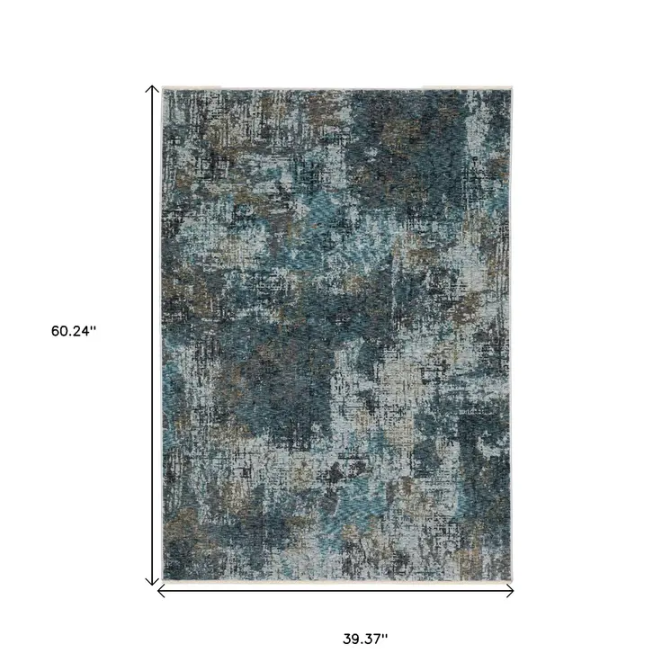 3' X 5' Blue And Gray Abstract Area Rug With Fringe