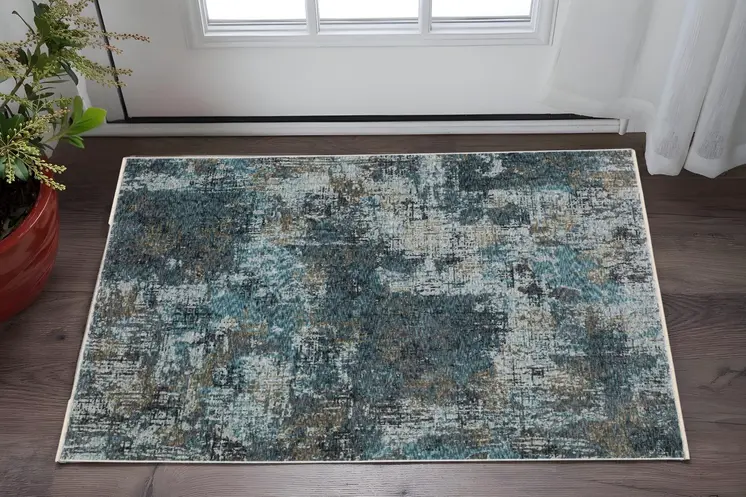 3' X 5' Blue And Gray Abstract Area Rug With Fringe