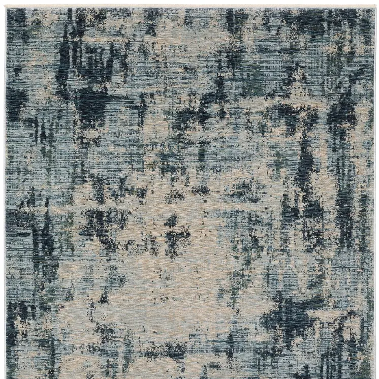 3' X 5' Beige And Blue Abstract Area Rug With Fringe