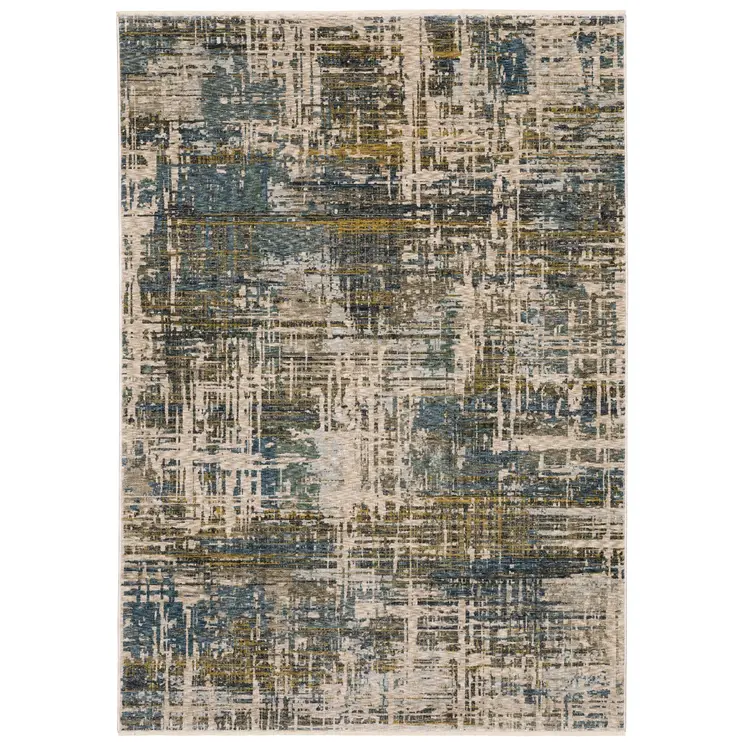 3' X 5' Blue And Gold Abstract Area Rug With Fringe