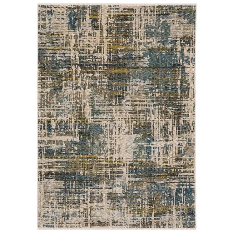 3' X 5' Blue And Gold Abstract Area Rug With Fringe