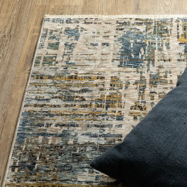 3' X 5' Blue And Gold Abstract Area Rug With Fringe