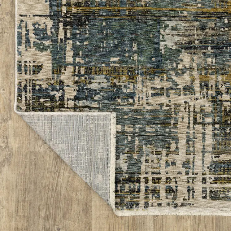 3' X 5' Blue And Gold Abstract Area Rug With Fringe