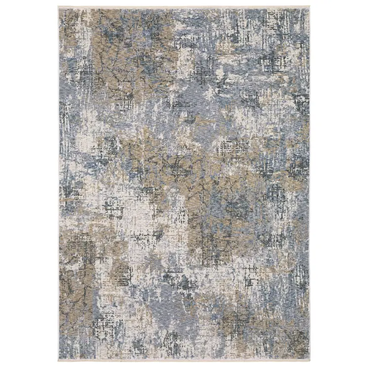 3' X 5' Beige And Blue Abstract Area Rug With Fringe
