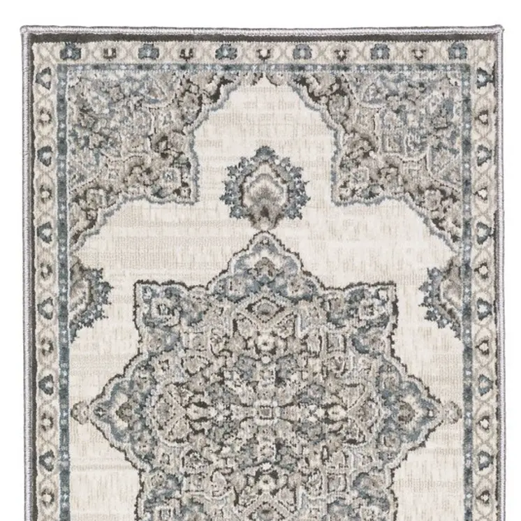 8' Gray And Blue Medallion Runner Rug