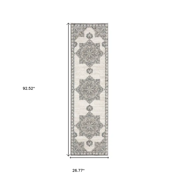 8' Gray And Blue Medallion Runner Rug