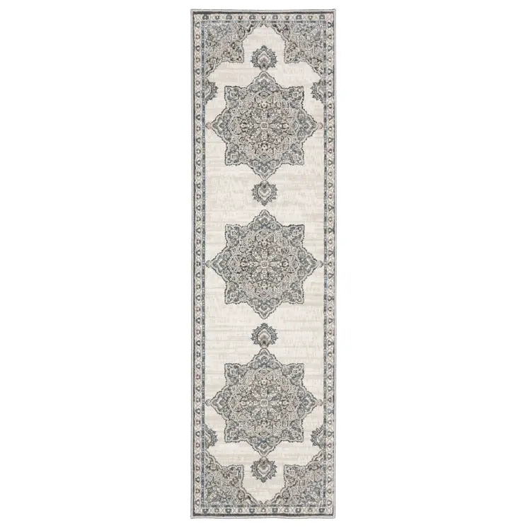 8' Gray And Blue Medallion Runner Rug