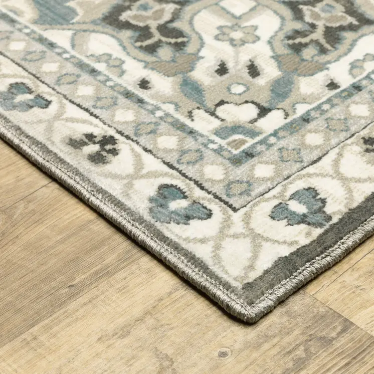 8' Gray And Blue Medallion Runner Rug