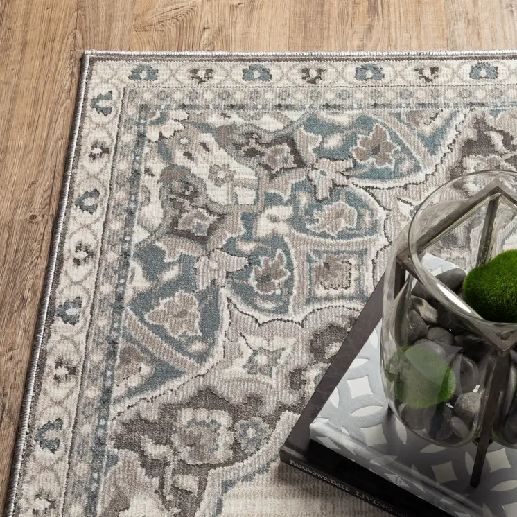 8' Gray And Blue Medallion Runner Rug