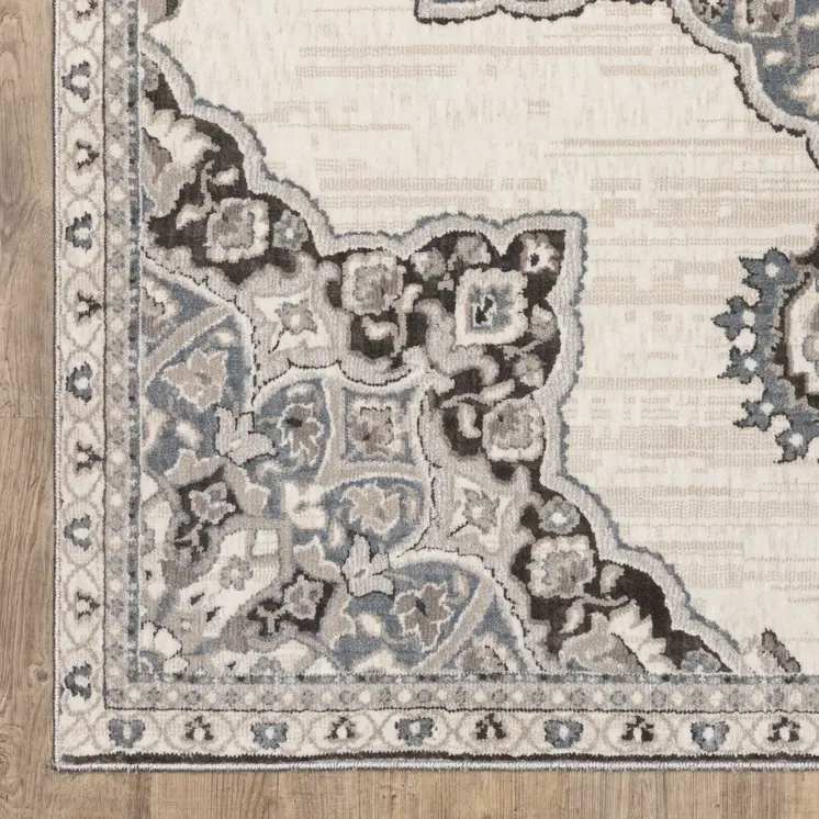 8' Gray And Blue Medallion Runner Rug