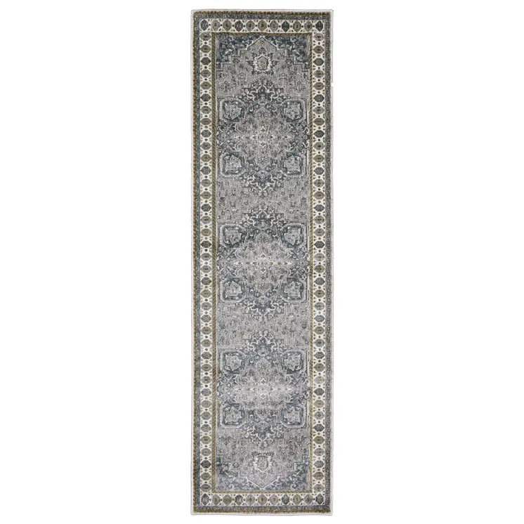 8' Brown And Blue Medallion Runner Rug